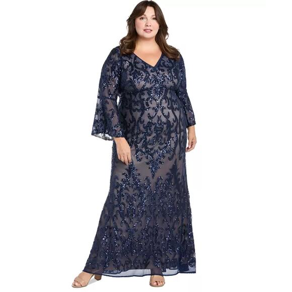 NWT R&M Richards Blue Sequin Embellished Bell-Sleeve Gown Womens Plus Size 20W - Picture 1 of 15